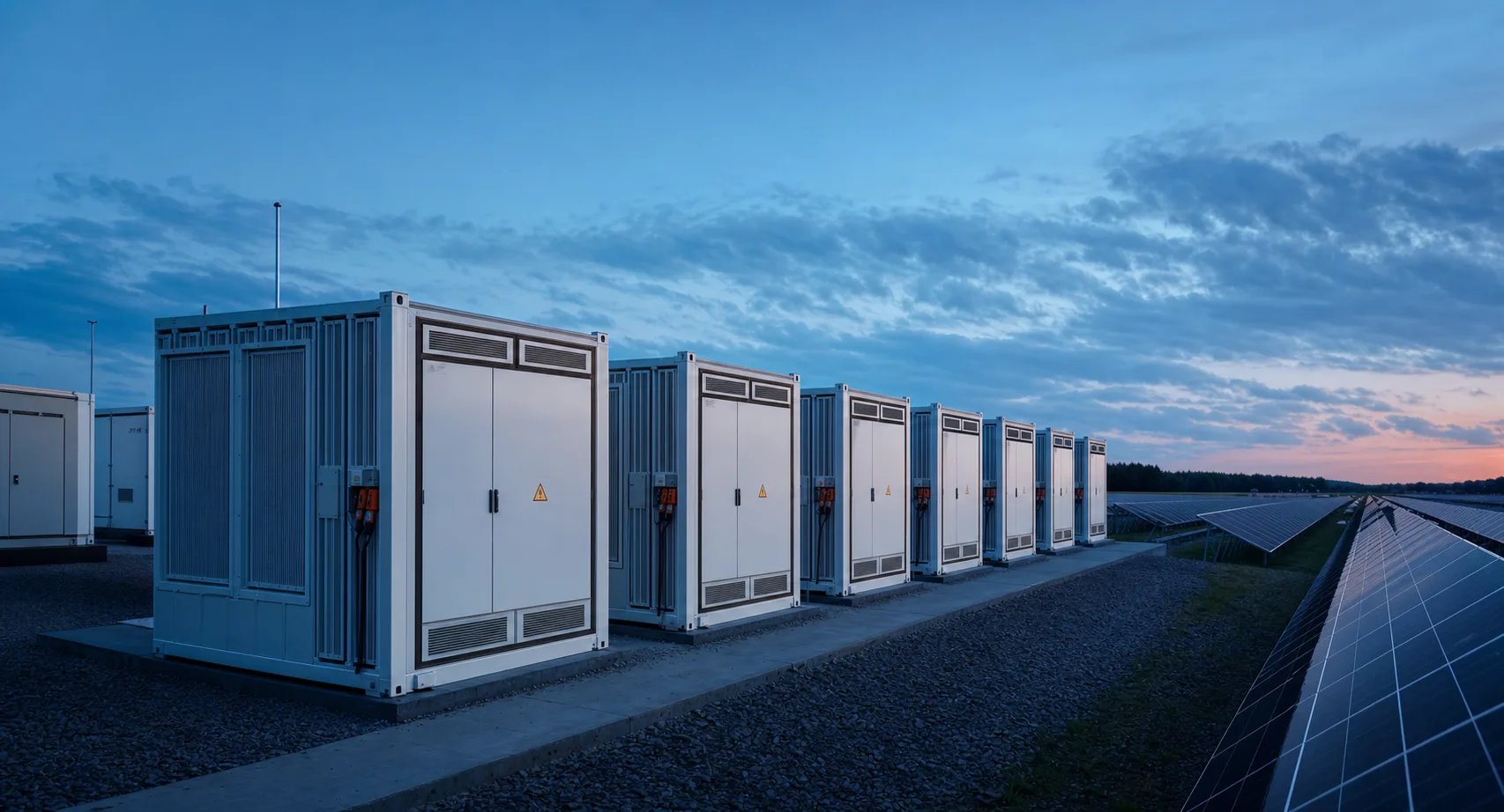 Containerized energy storage systems installed beside a solar farm
